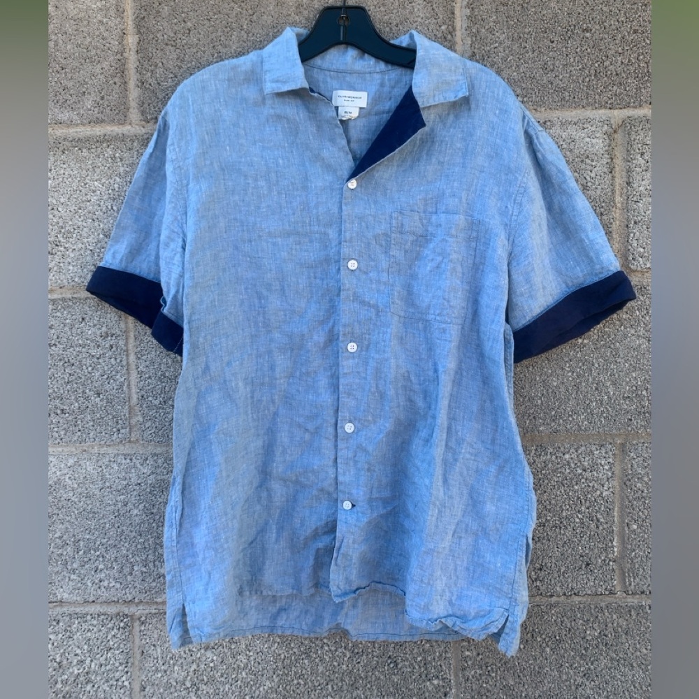 Club Monaco 100% Linen Shirt Short Sleeve Button Down Men’s Medium Slim Fit Blue